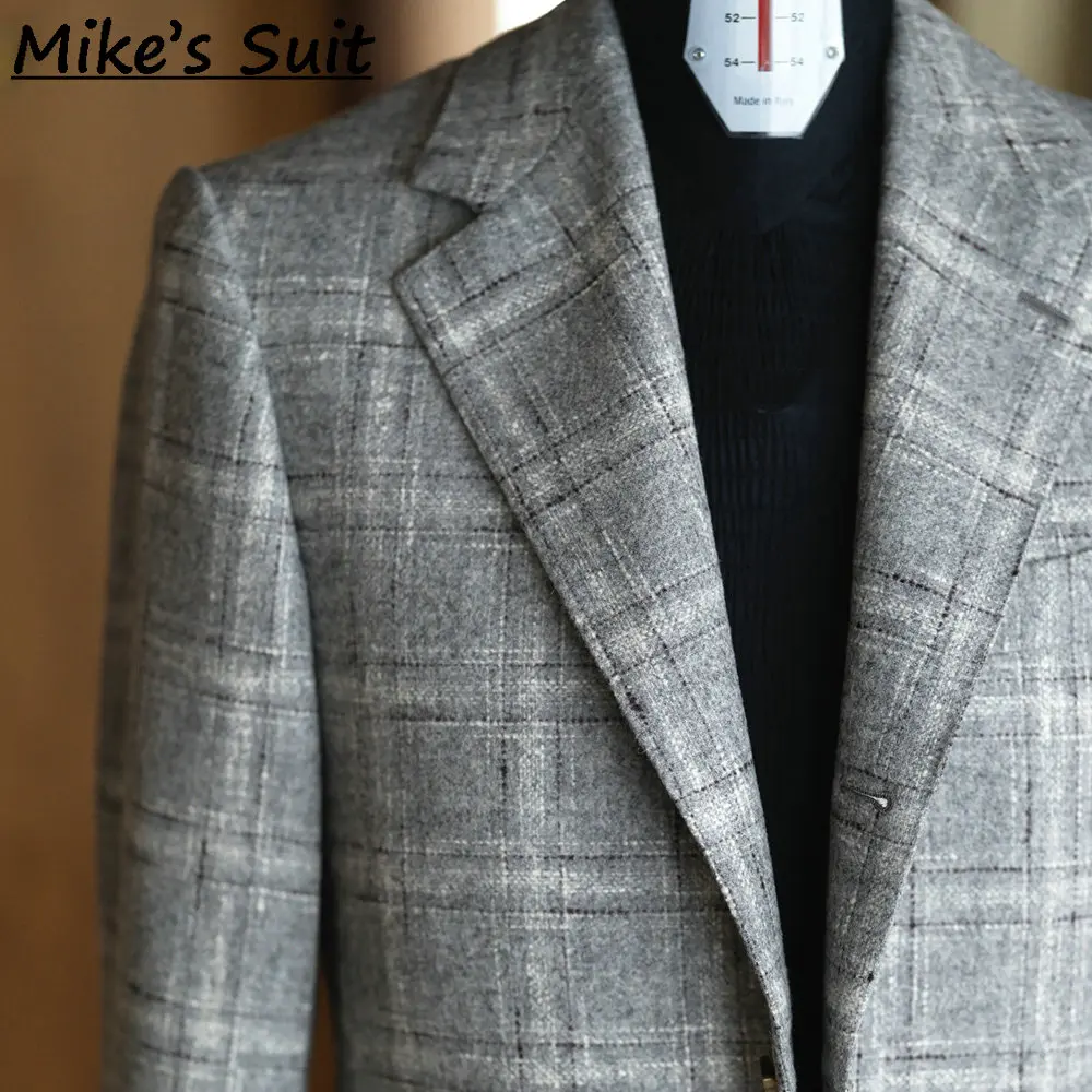 Men One Button Notch Lapel Blazer, Light Grey Thin Line Glen Check Wool Tweed Fabric, Business Daily Wedding Jacket