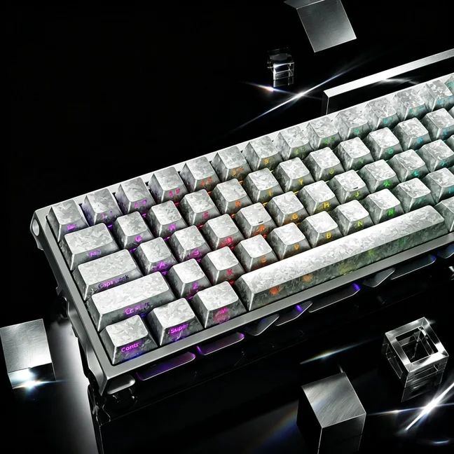 Silver Forged Carbon Keycaps Side-Print Shine-Through Double-Shot PBT PC Keycaps Cherry Profile for MX Switches Gaming Keyboard