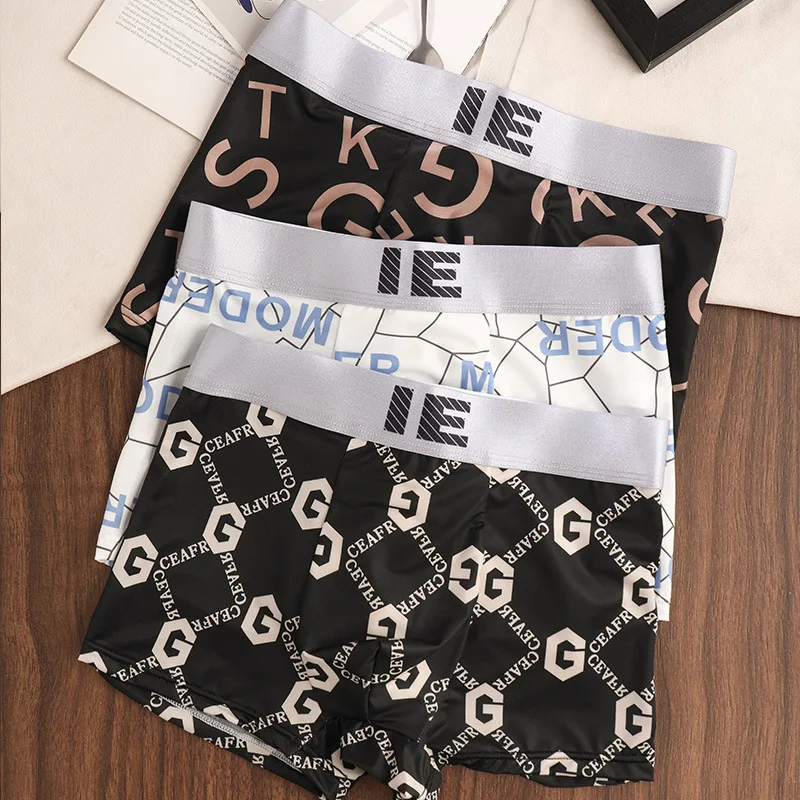 

Men's Summer Ice Silk Pants Thin Section Tide Cool Feeling Breathable Boxer Shorts Antibacterial Quick-Drying Four Corner Shorts