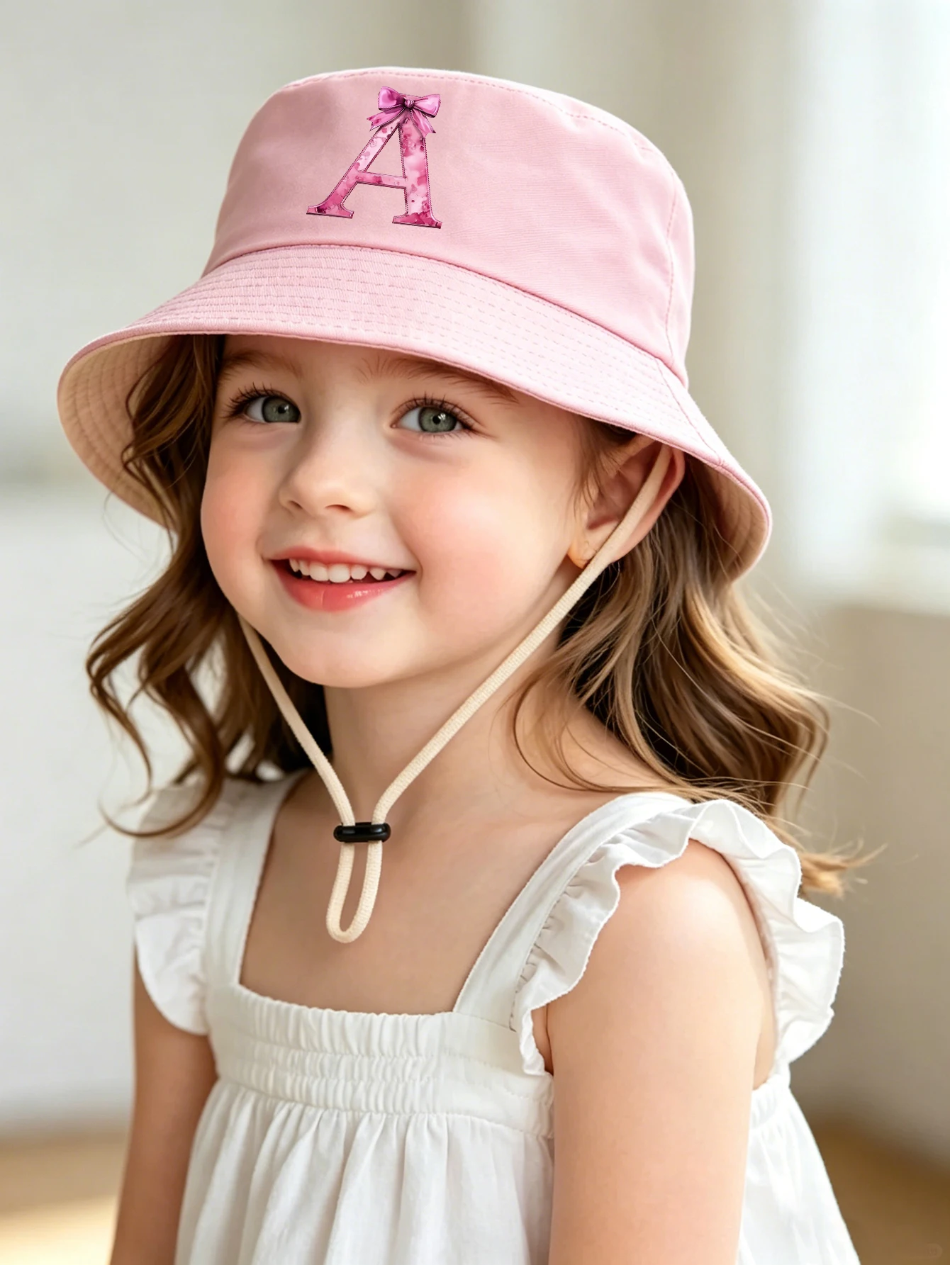 1pc pink baby girl bucket hat cap 3-8 years old Spring A-Z letter And  Summer Cap Features a ButterflyKnot Design with Fuchsia L view 4