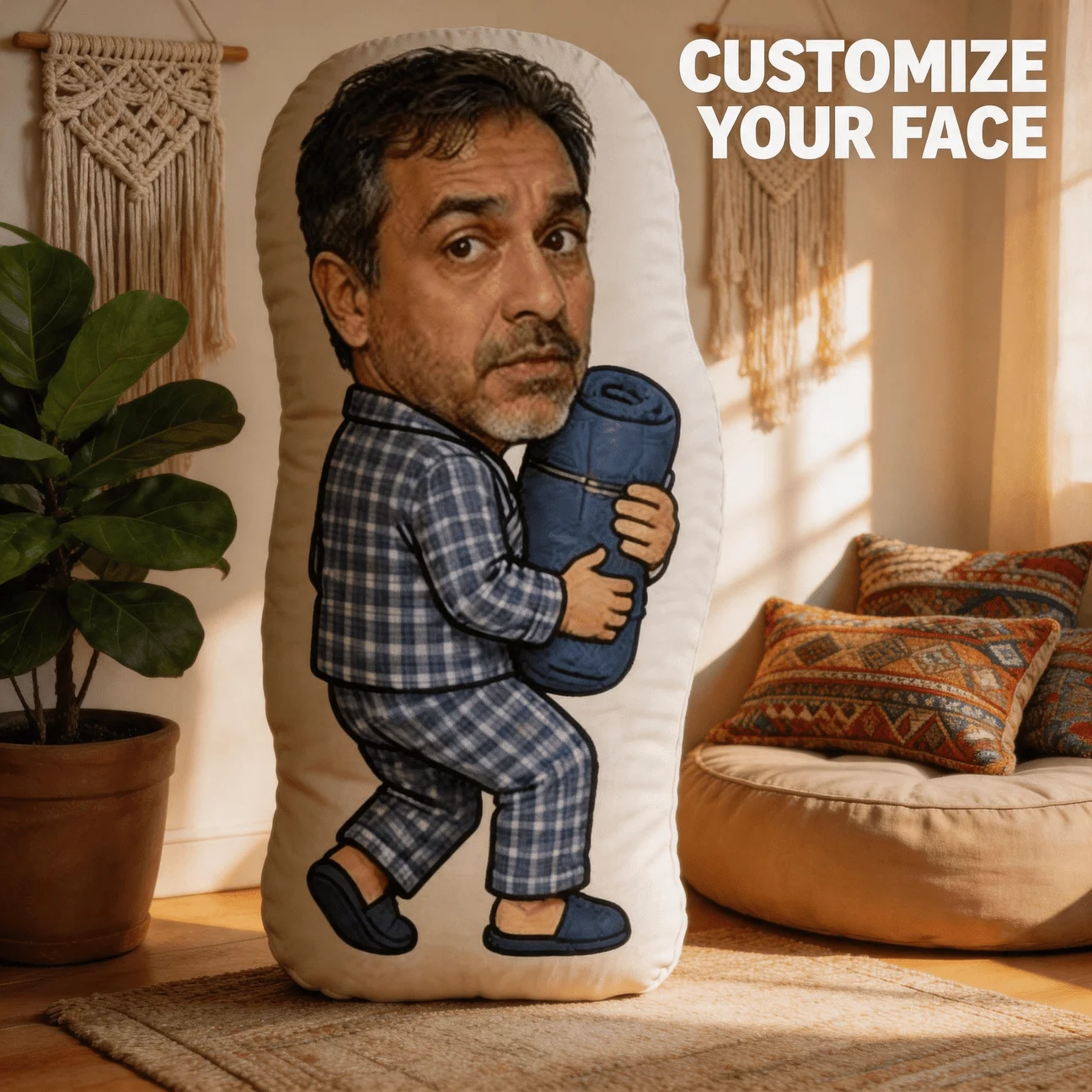 Custom Face Funny Shaped Pillow, Personalized Photo for Man in Pajamas Holding Blue Roll Decorative Cushion, Novelty Gift for Hu