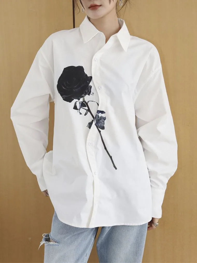 Designer Rose Print White Button Up Shirt For Women Spring 2023 Autumn Long Sleeve Top Blouse Fall Clothing