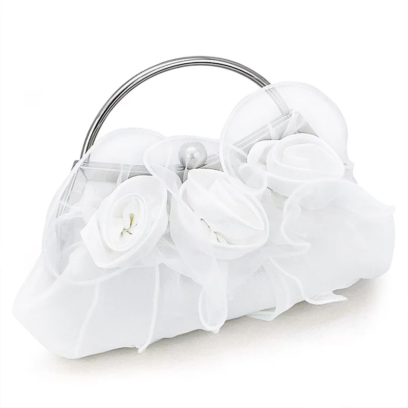 White Satin Fairy Evening Bags Clutch Metal Handle Handbags for Women Wedding Party Bridal Clutches Purse Chain Shoulder Bag