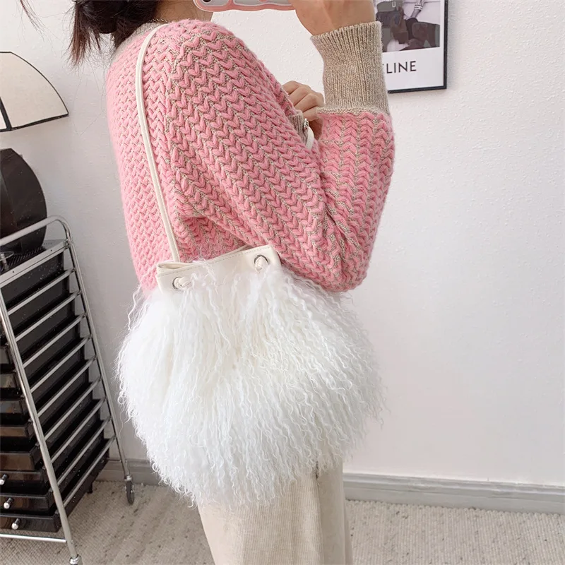 Fashion Long Fur Wool Shoulder Bag Women Luxury Mongolian Sheep Fur Bag Long Fluffy Messenger Bags Cute Ladies Handbags