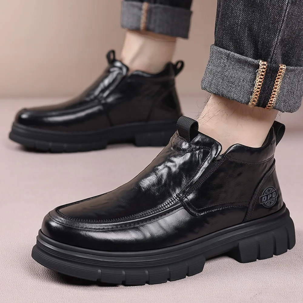 Men's Business Formal Leather Boots 2026 Thickened Plush Cotton Retro High Cut Thick Soled Shoes for Casual And Formal Wear