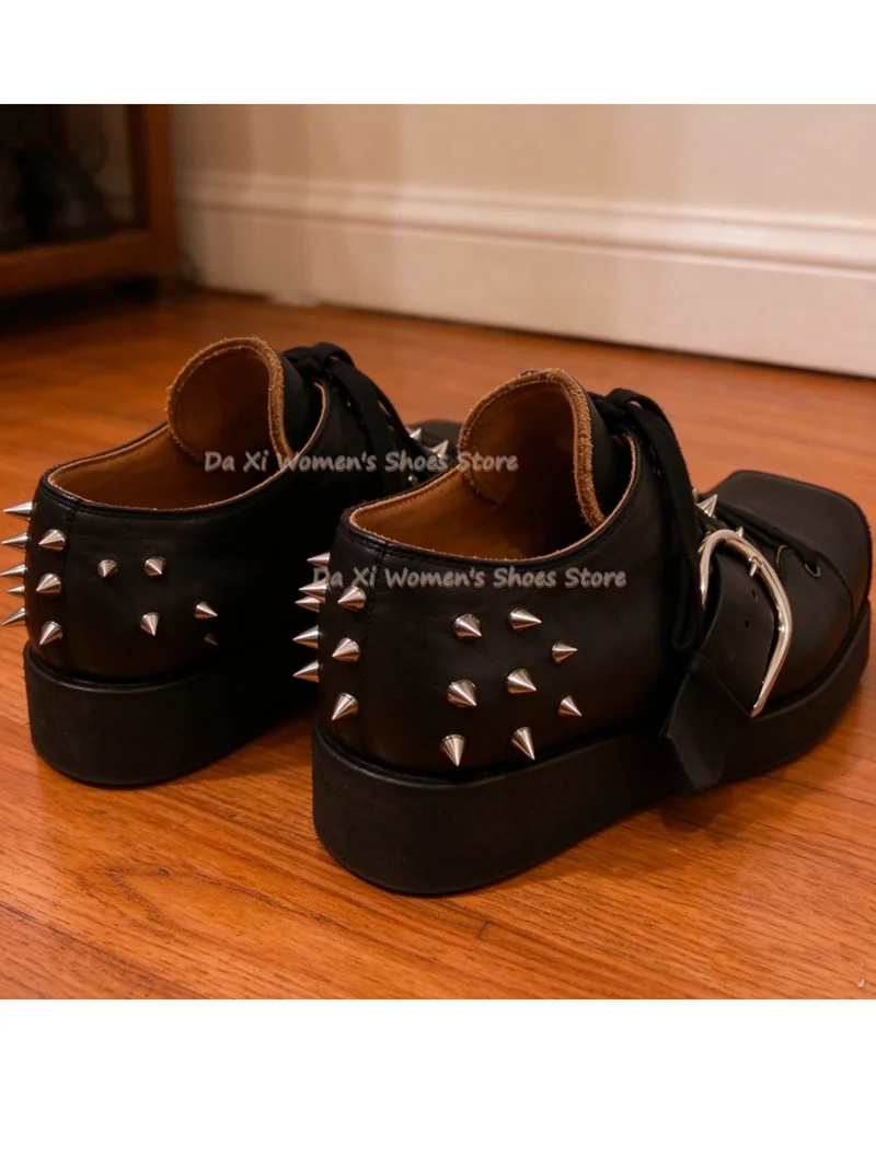 Women Square Toe Platform Shoes, Spiked Studded, Lace Up, Big Buckle, Goth Punk, Y2K, Faux Leather, Chunky Sole