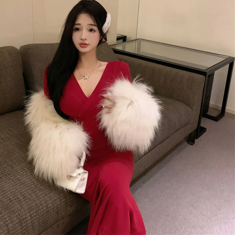 مثير الخامس الرقبة فستان بأكمام طويلة المرأة الخريف سليم الورك ذيل السمكة فستان طويل