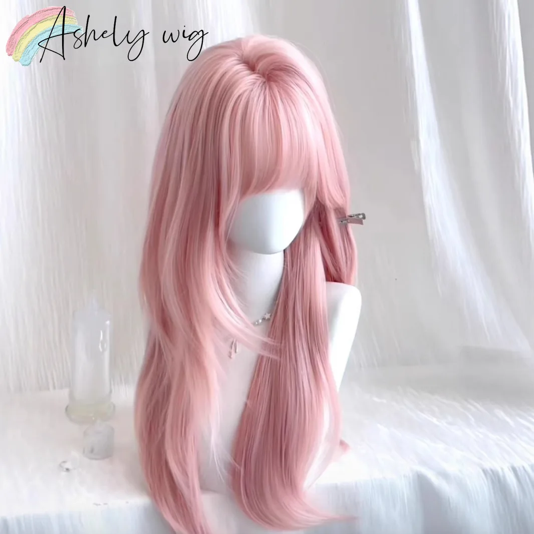 Ashely Pink Wig for Women Hair Wig with Bangs High Temperature Fibers Lolita Cute Layered Wig Synthetic Wigs Headband 가발 Парик