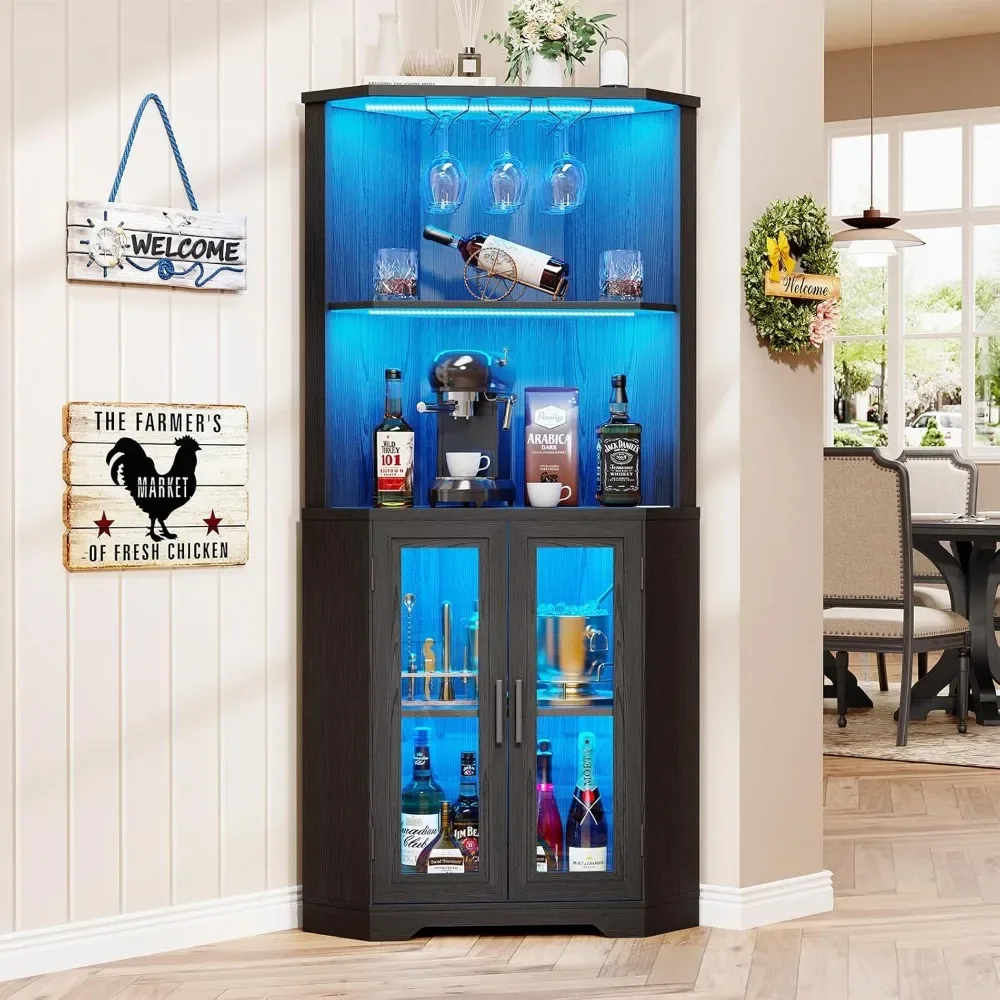 

Corner Bar Cabinet with LED Lights, 65" Tall Wine Cabinet Liquor Stand with Glass Holder & Tempered Glass Door, Alcohol Storage