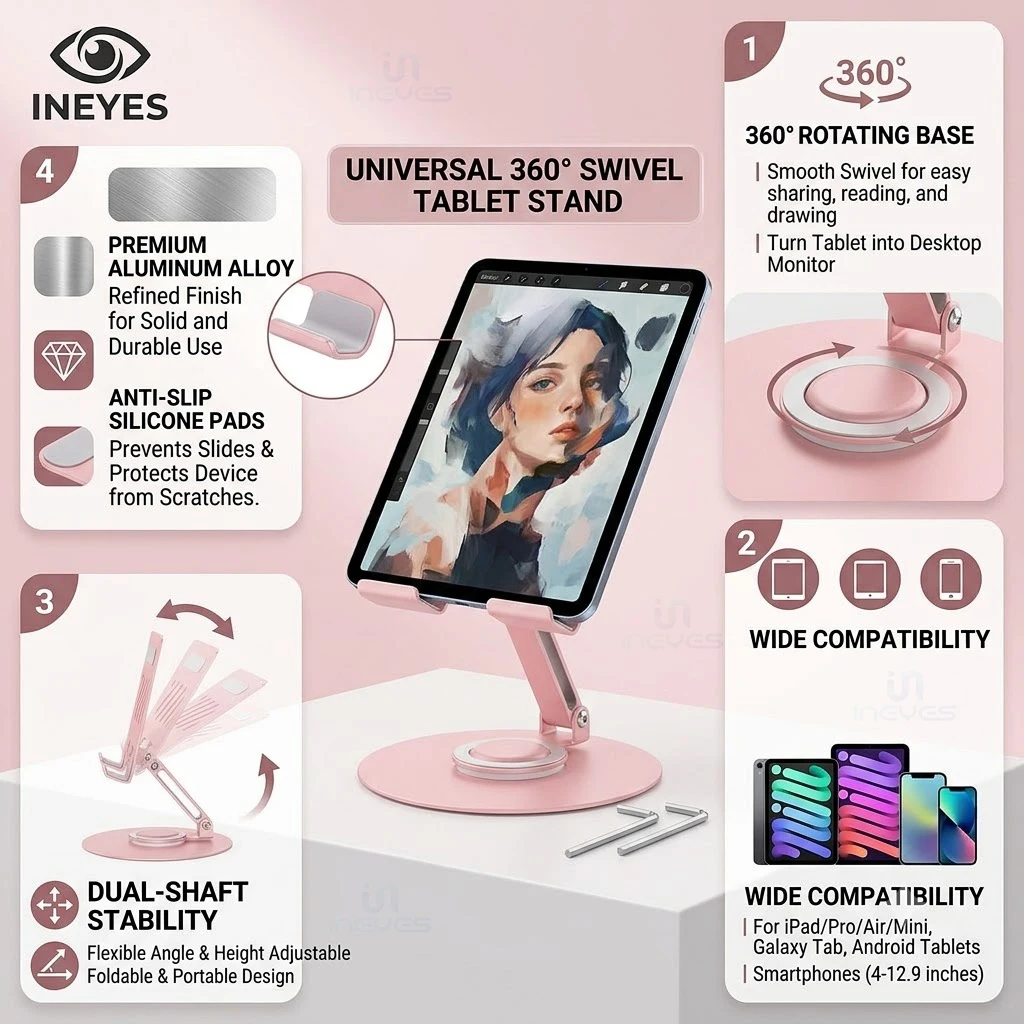 2026 New 360° Rotating Tablet Stand, Aluminum Adjustable Holder for IPad/Samsung/Android 4-12.9", Foldable with Anti-Slip Pads