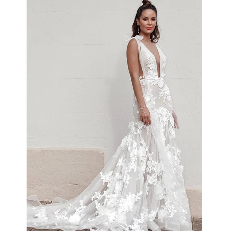 Sexy feminino profundo com decote em v vestidos de casamento moda rendas applique vestidos de noiva tule formal casamento praia festa 2023 novia