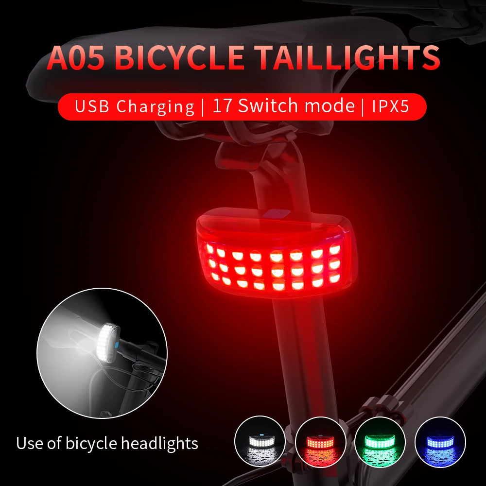 NATFIRE Bicycle Rear Light 17 Light Modes 4 Color Red Blue White Green Type C Rechargeable LED Taillight Back Light for Cylcling