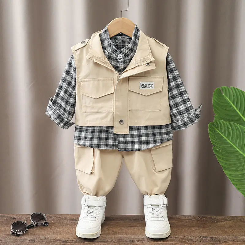 

Spring and Autumn Baby Boys' Clothing Set New Handsome Children's Vest Shirt Pants 3-Piece Set