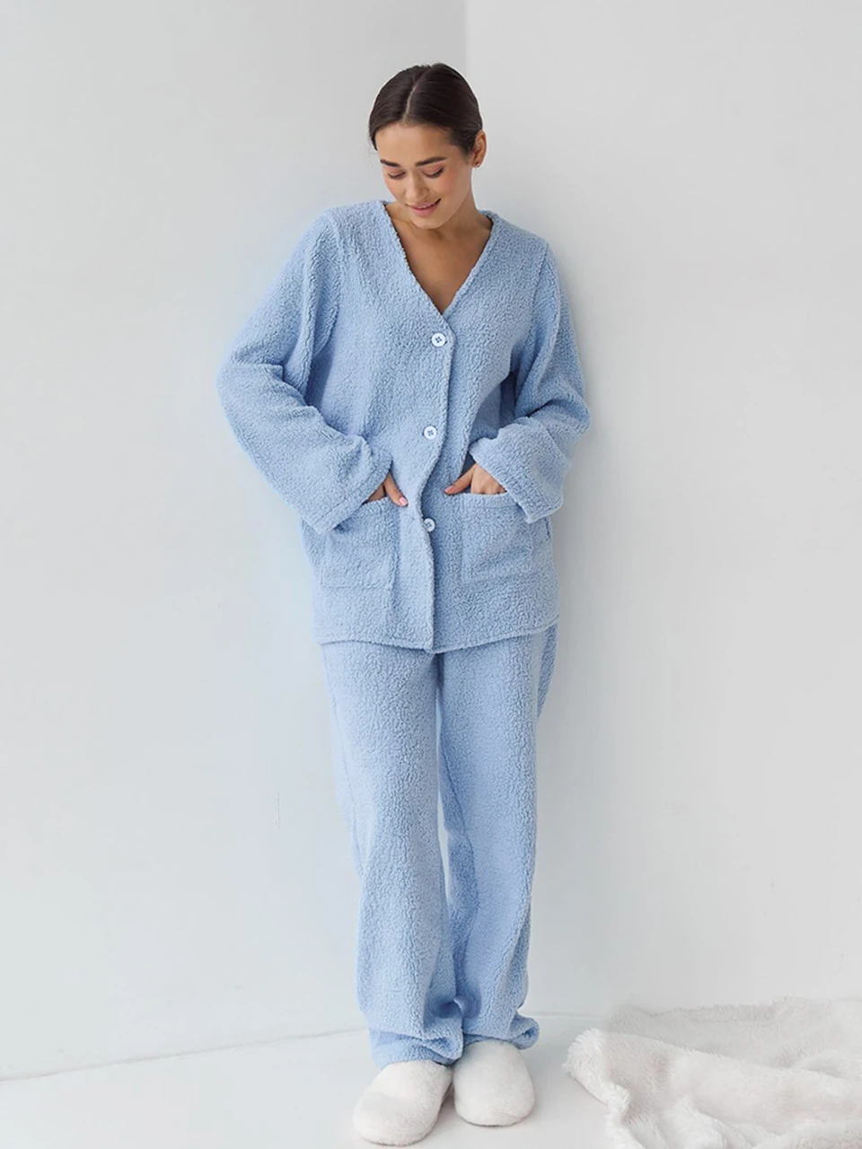 Linad Blue Pajamas For Women 2 Piece Sets Loose V Neck Long Sleeve Sleepwear Pockets Female Casual Trouser Suits Autumn 2023