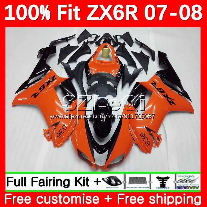 Injection Fairing For KAWASAKI NINJA ZX 6R 636 6 R ZX636 ZX6R Hot orange 07 08 5No.149 ZX-636 600CC ZX-6R 2007 2008 Body+ Decal