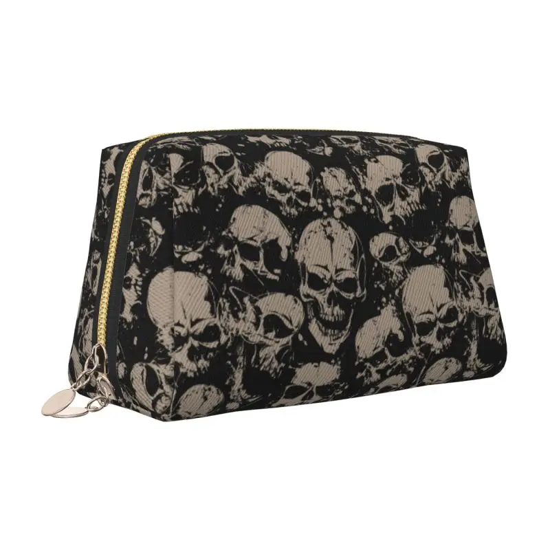 Scary Skull Gothic Skeleton Leather Makeup Bag Retro Grunge Skull Foldable Waterproof Travel Storage Pouch Toiletry Cosmetic Bag