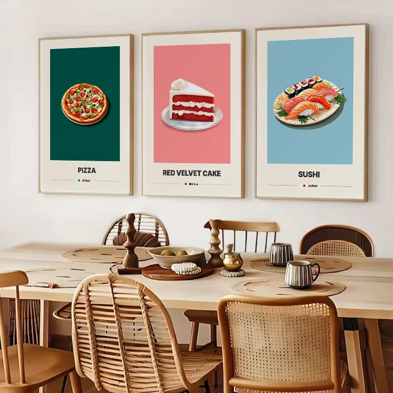 Póster de cocina italiana y japonesa sin marco, 1 pieza, galletas, cornetto, postre, sushi, tacos, ramen, pizza, arte de pared en lienzo, decoración para cocina y hogar