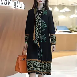 Fashion Vintage Printed Folk Dresses Autumn Winter Casual Scarf Female Clothing Commute O-Neck Loose A-Line Knitted Midi Dress