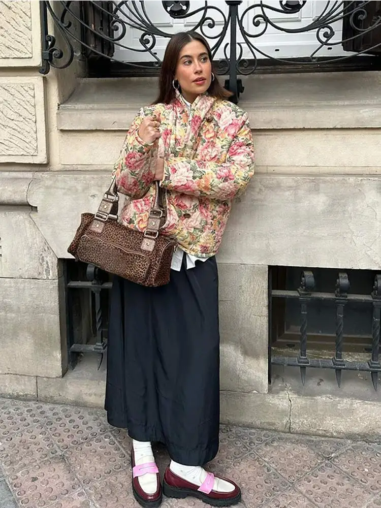 Giacca in cotone caldo con stampa bottoni moda donna Chic manica lunga colletto alla coreana cappotto allentato 2024 nuovo autunno capispalla da strada femminile