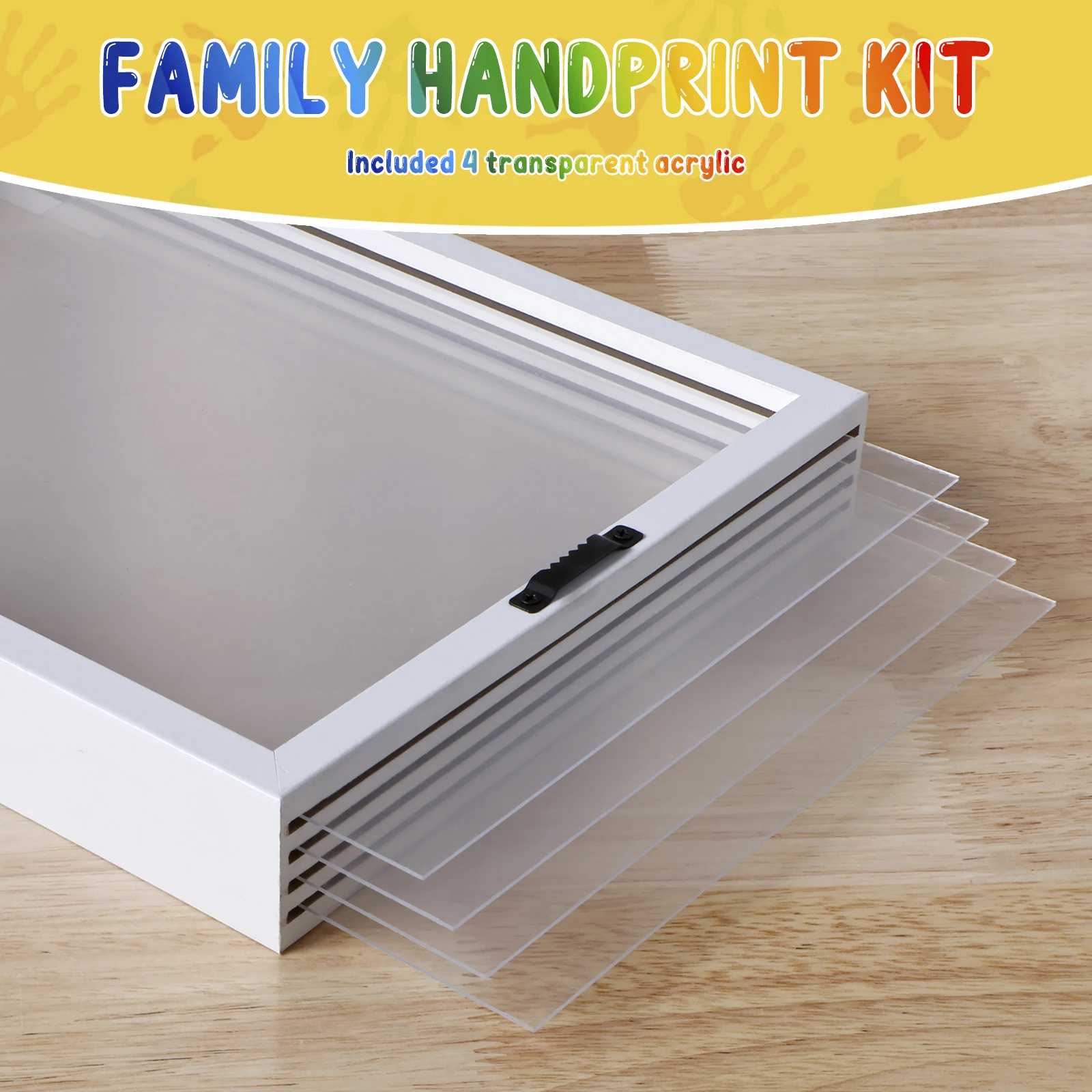 Clear Family Handprint Kit DIY Handmade Keepsake Wooden Frame with 6 Paints Pen Eraser Paintbrush Non-Marking Nails Newborn