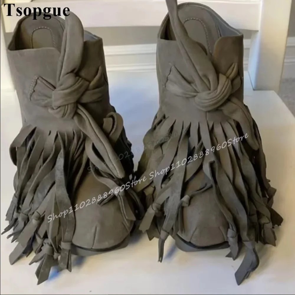 

Casual Dark Gray Tassels Decor Half Slippers Stilettos High Heel Shoes For Women Slip On Round Toe Casual Stylish Women Slippers