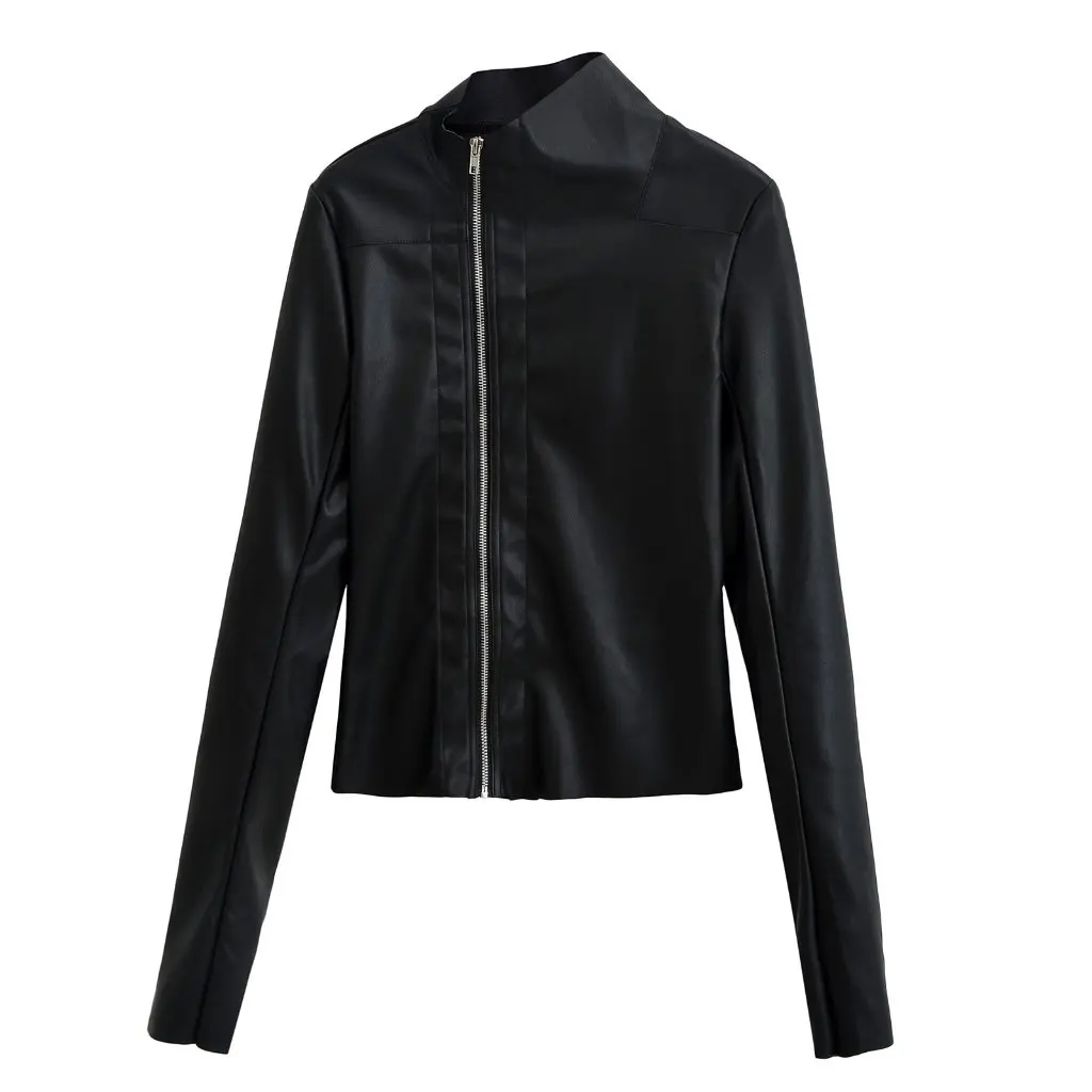 Damska kurtka retro ze skóry PU, dopasowany krój, zapinana na zamek, styl amerykański, motocyklowa, w kolorze rdzawy, jesienna.