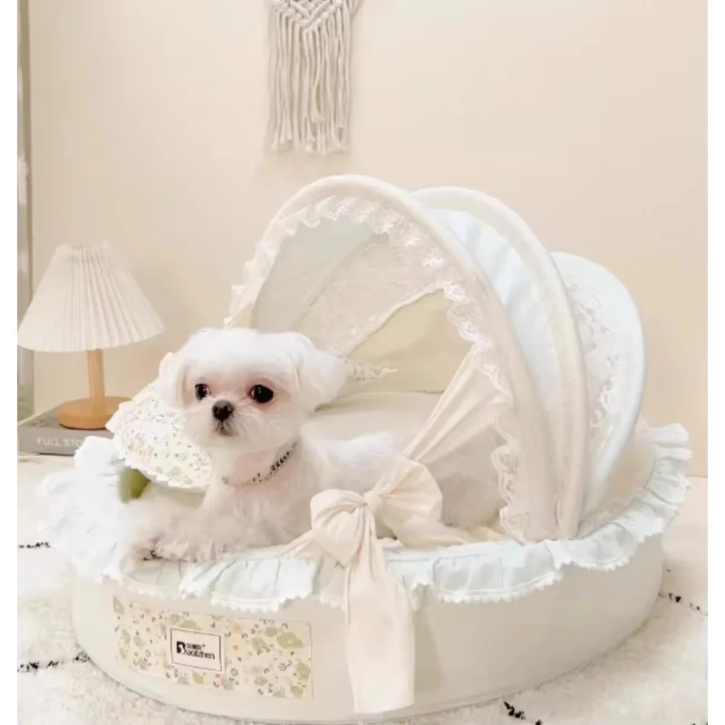 

Cotton Dog Awning Resting Nest Palace Model Pet Sofa Dogs Cats Lace Cradle Bed Fluffy Body Detachable White Dog Beds Luxury