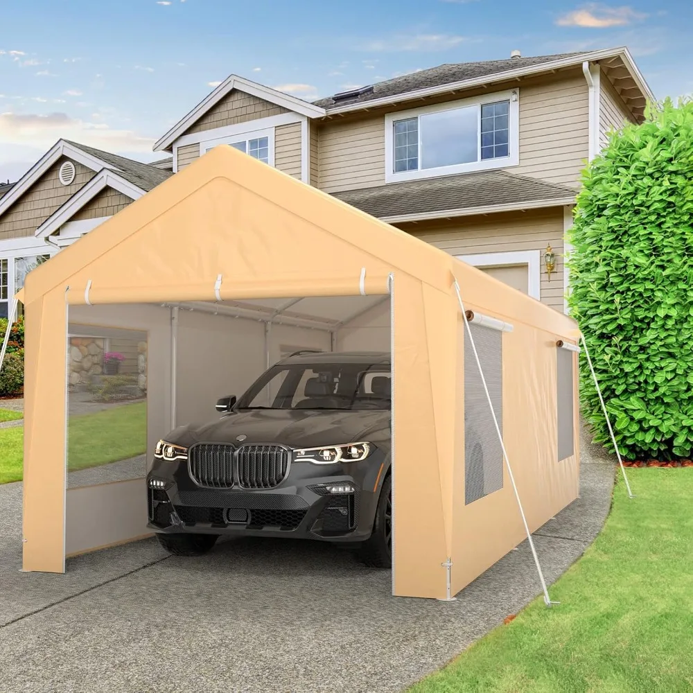 

Carport, 10x20ft Portable Garage with Roll-up Window, Removable Sidewall & Doors, Heavy Duty Metal Car Canopy, Customized