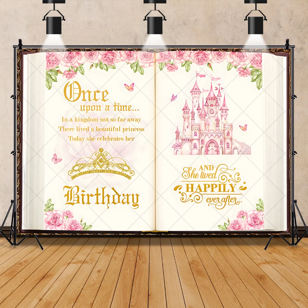 Fairy Tale Book Photography Backdrop Custom Ancient Castle Butterfly Flower Princess Girl Birthday Party Decoration Photo Props