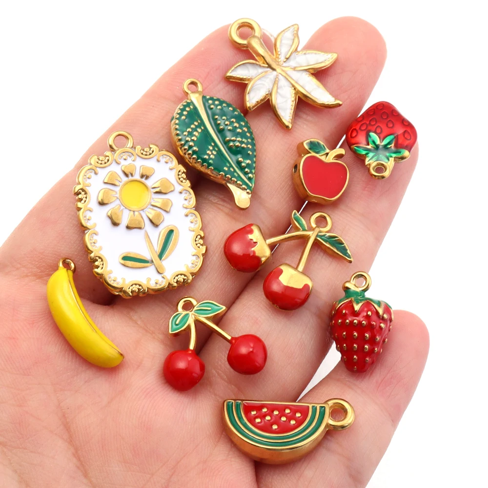 2pcs Stainless Steel Enamel Charms Cute Strawberry Cherry Fruit Flower Leaf Pendants DIY Necklace Bracelet Jewelry Making image 6