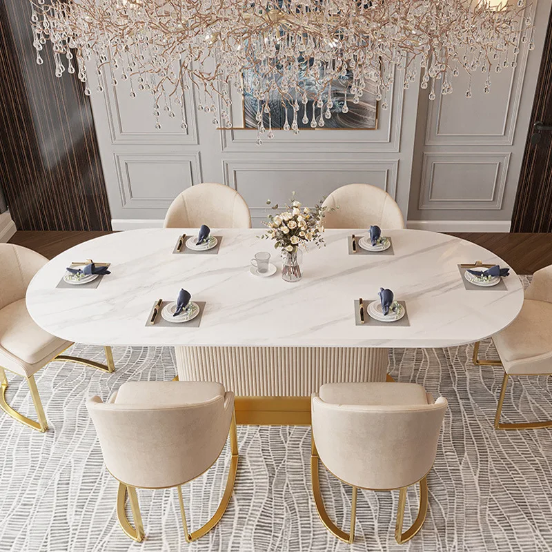 #Nordic Style Extendable Oval Marble Dining Table Eco-Friendly Durable Metal Mango Modern Assembly Design