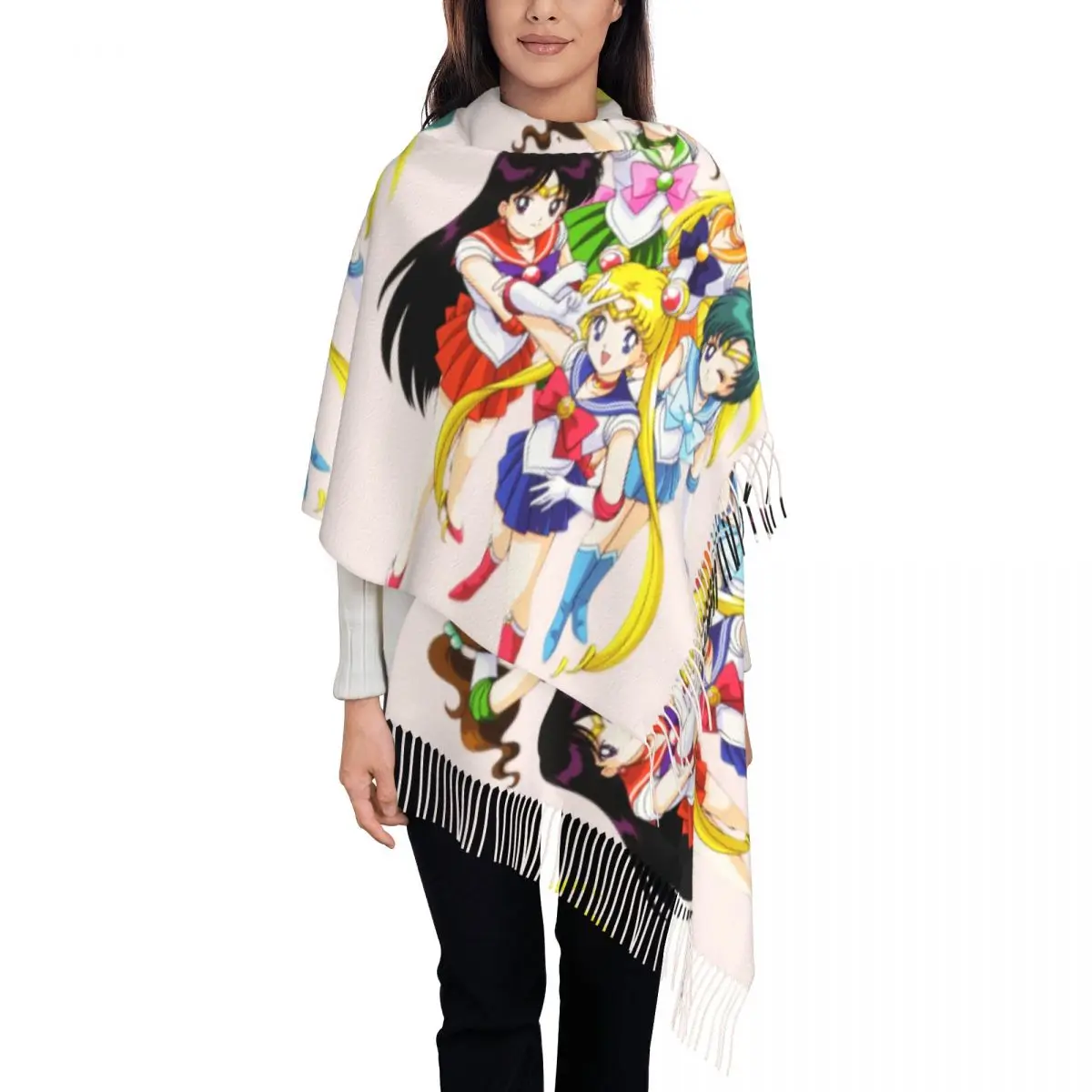 

Японский шарф Shojo Manga Sailors для женщин, длинная зимняя теплая шаль с кисточками, унисекс, шарфы с аниме Moons Girl