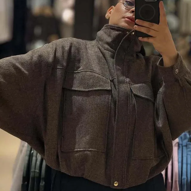 

Women's Loose Casual Jacket Autumn Winter Versatile Pocket Zipper Pilot Coat High-Neck Long-Sleeve Herringbone Outwear