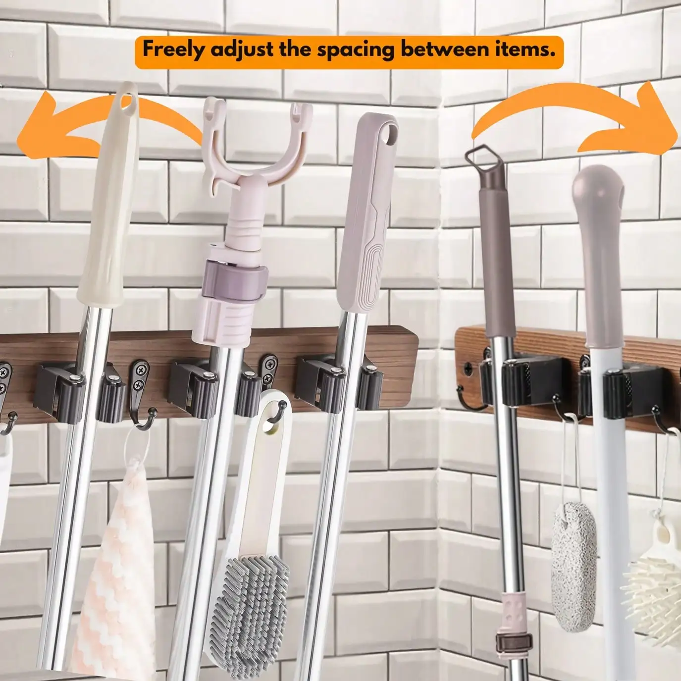 Mop Broom Holder Heavy Duty Stainless Steel WOODEN Wall Mounted Tool Organizer with Hooks for Home Bathroom Kitchen Garden - view 5