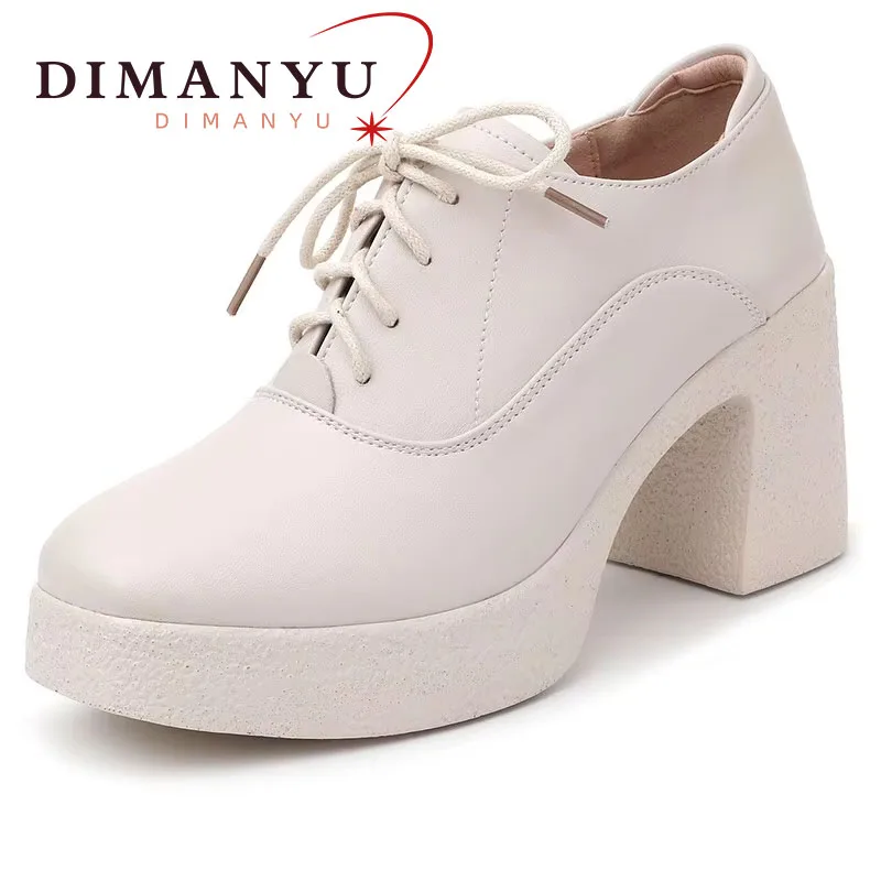 

DIMANYU High Heels Women's Shoes Genuine Leather 2024 New Thick Sole Lace-up Female Shoes British Fashion Dress Shoes