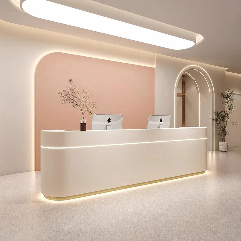 

Curved Industrial Reception Desks Aesthetic Minimalist Design Long Reception Desks Display Led Lights Bureau Lounge Furniture