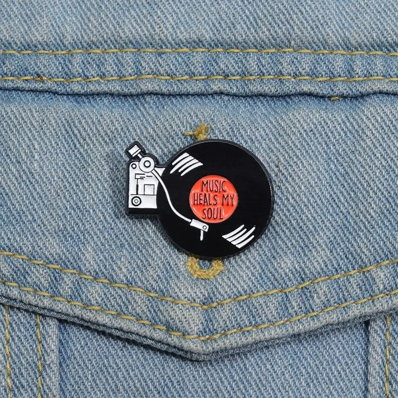Retro Vinyl Record Player Enamel Pins 80’s Vintage Video Brooches Jewelry Heals My Soul Music Lapel Badge Gift for Music Lover