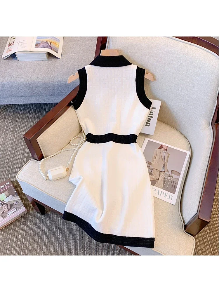 Women Summer Luxury Elegant Patchwork Button Mini Dress 2024 Fashion Turn-Down Collar Contrast Color A-Line Dress Ladies Clothes