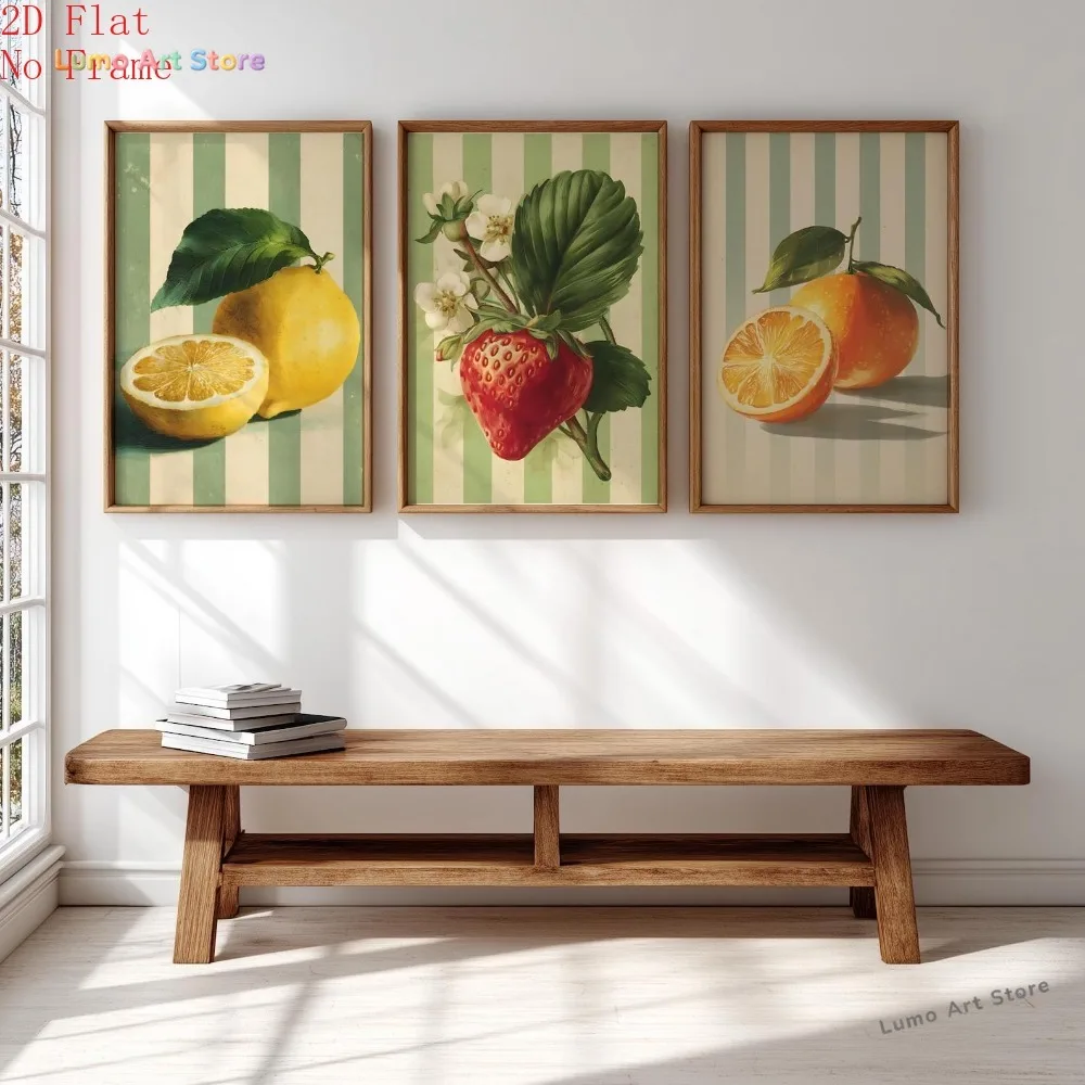2D Flat, 2D Flat, 2D Flat 3-Panel Citrus And Berry Theme Art Decor Paintings, Wall Art Canvas Prints, Living Room Home Decora