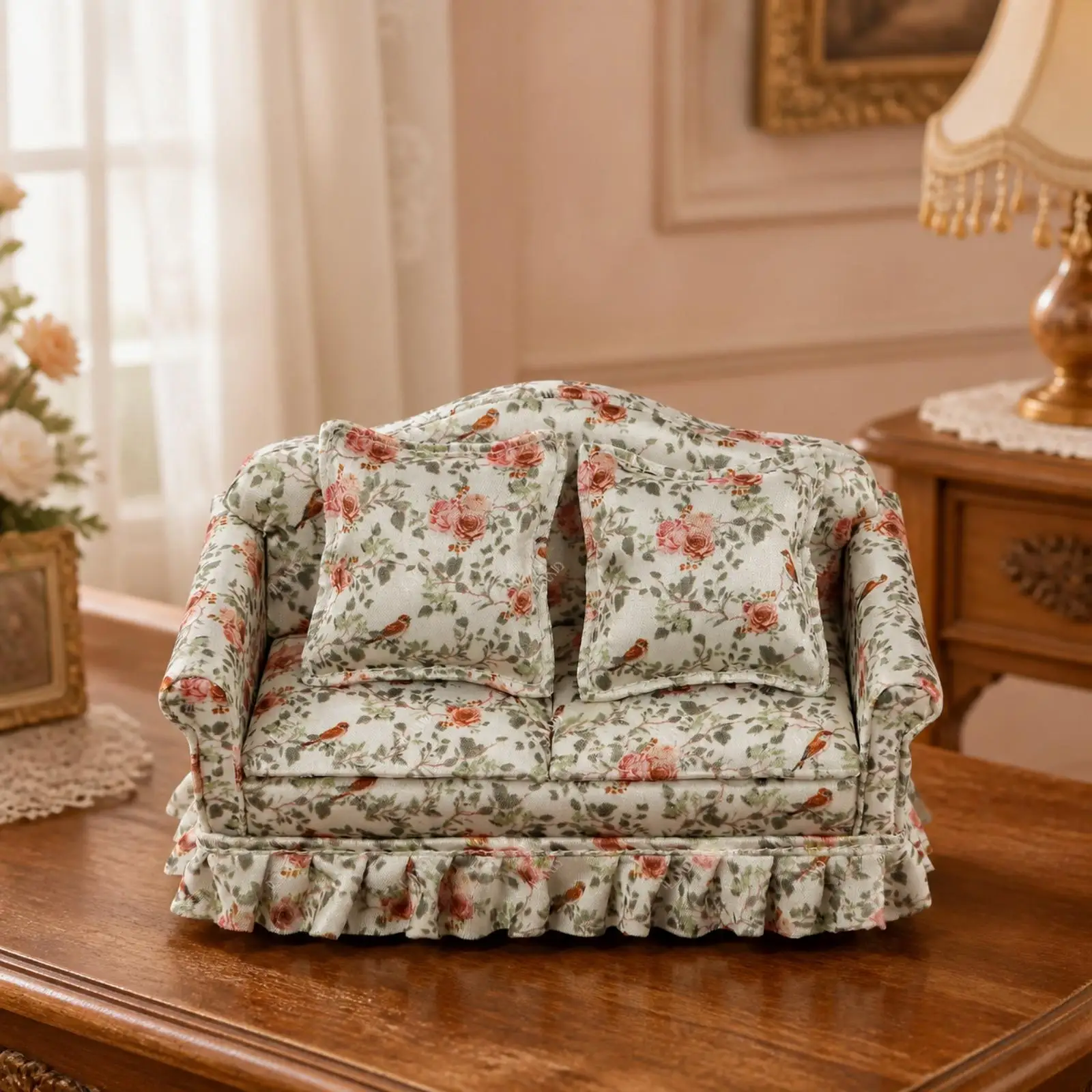 Wooden Miniature Sofa for Dollhouse Floral Print Padded Backrest Vintage Living Room Furniture for Collector Shelf Decor