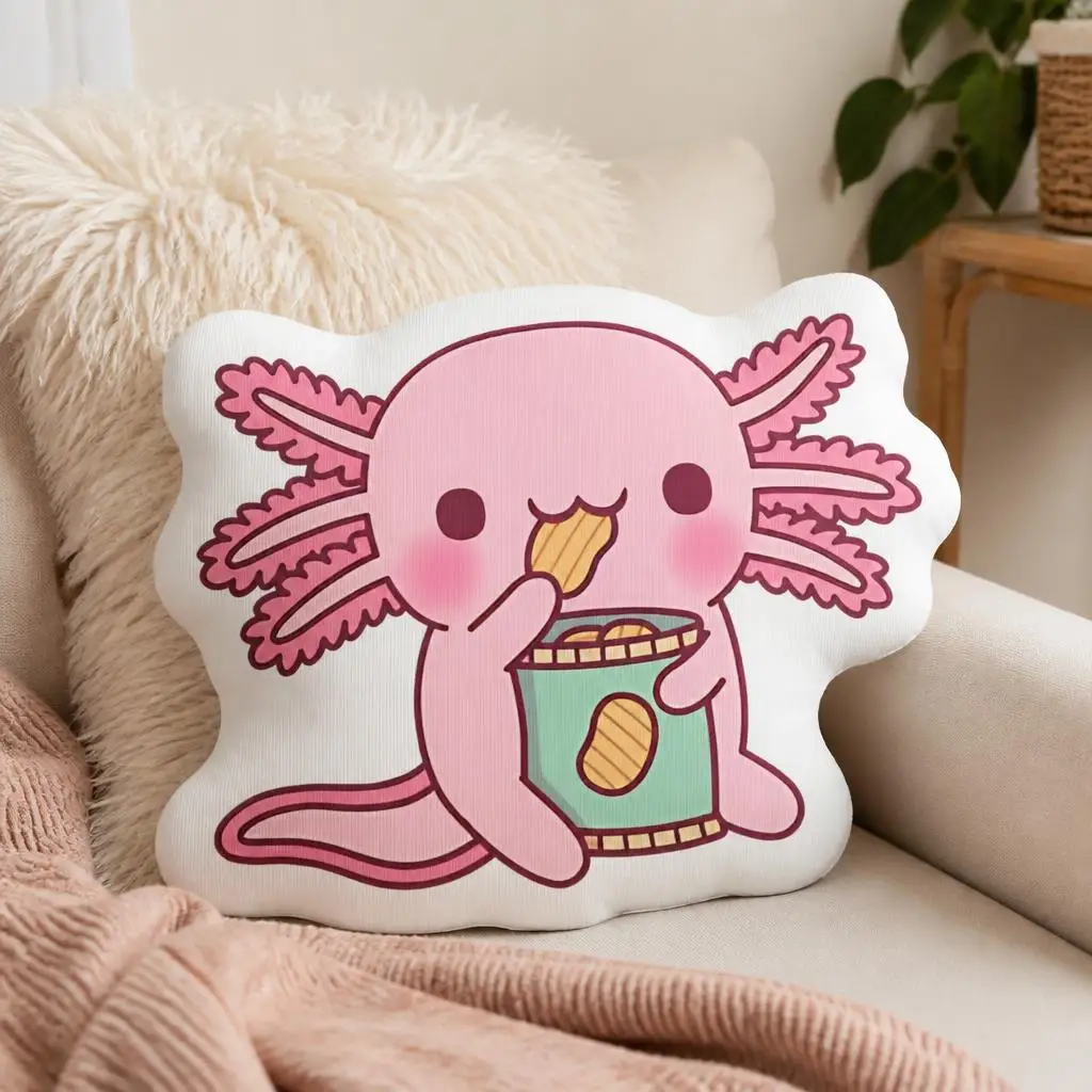 Funny Snaxolotl Axolotl Eating Potato Chips Throw Pillow Irregular Stuffed Cushion Cute Home Decor Sofa Accent Gift Idea