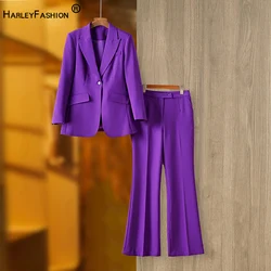 Superior Version Stunning Purple 2PCS Blazers Suit Autumn Luxury Fabric Long Jacket Wide-leg Pants Twin Sets High Street