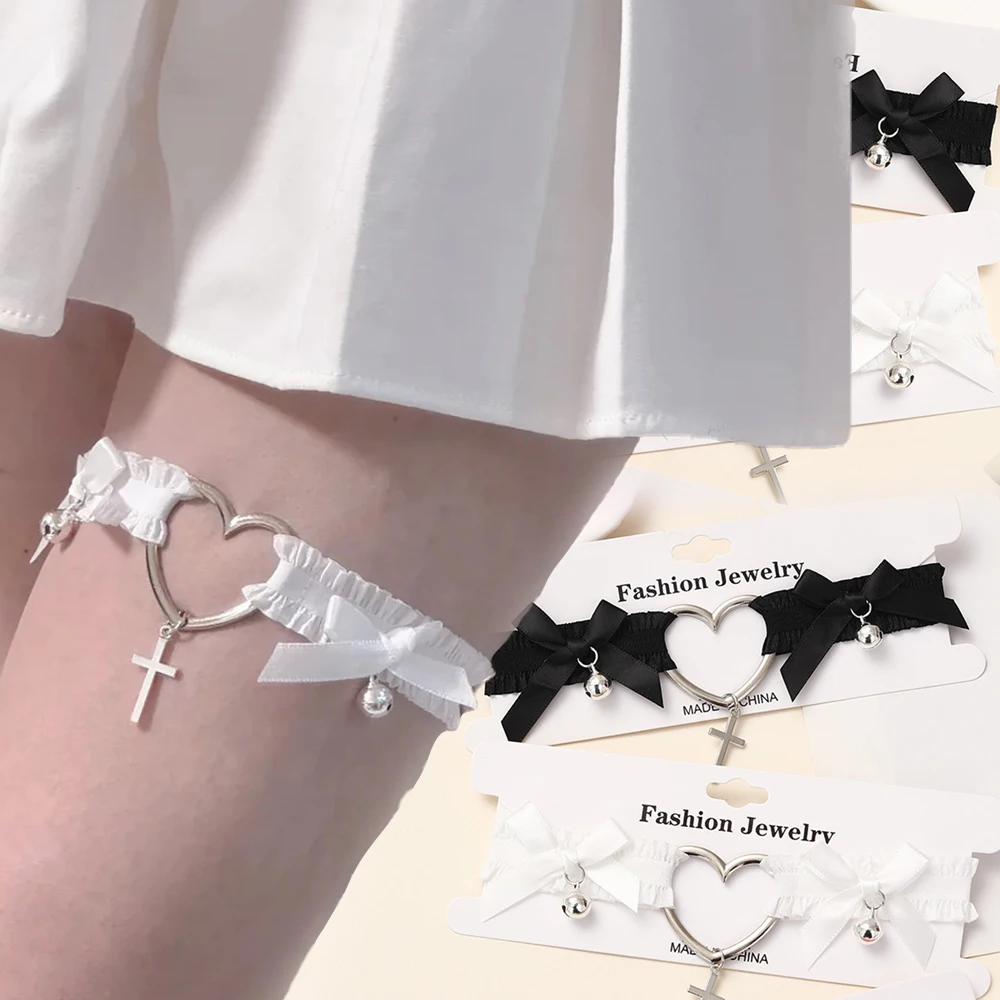 Gotycki koronkowy pas do pończoch serce Bowknot czarny biały elastyczny Choker pasek Cosplay bielizna Bondage uprząż krzyż Lolita podwiązki na nogi