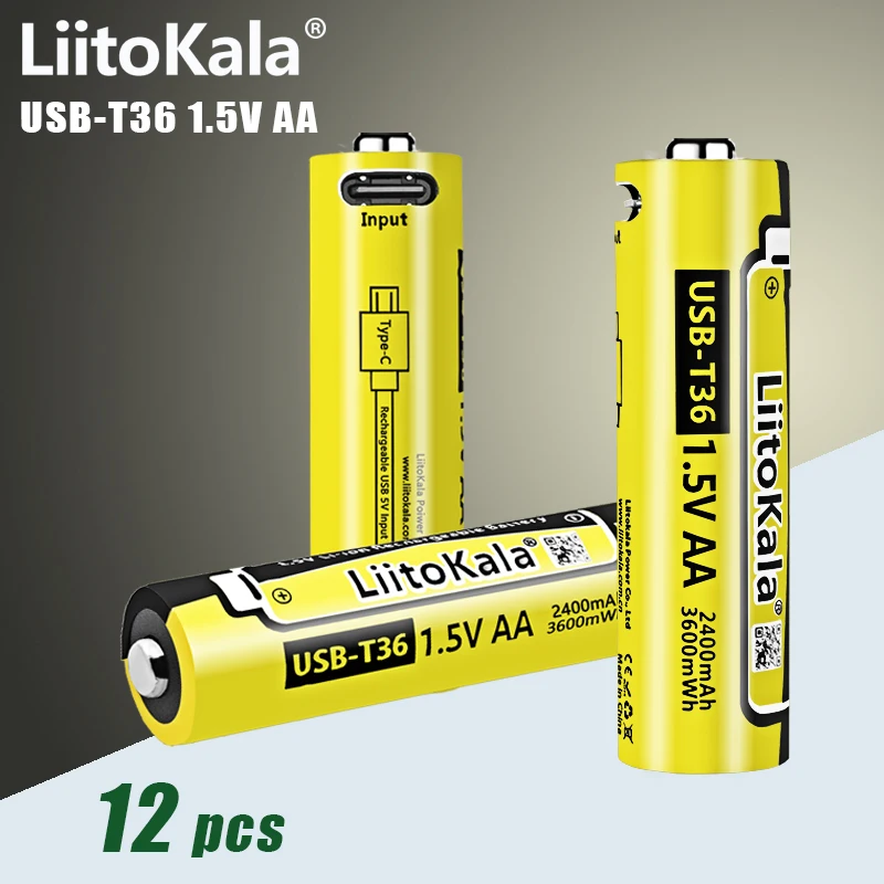 12pcs LiitoKala USB-T36 AA 1.5V 3600mWh rechargeable battery aa supports direct charging of C-line Pilas rechargeable battery