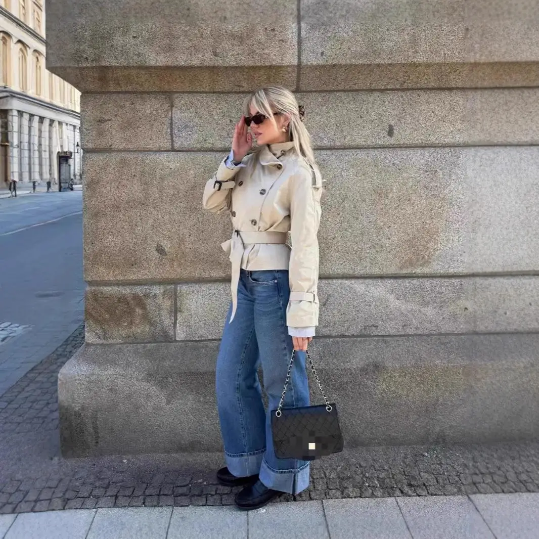 

Sli ort Waist-Cinching Double-Breasted Design Windbreaker Jaet Faionable Commute Long Sve PU Material Coat