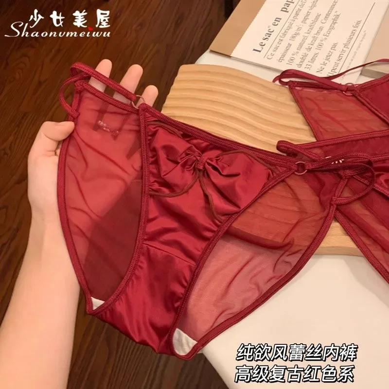 Women's Red Underwear Lace Sex Appeal Netting Transparent High Slit Pure Libido Low-rise Briefs Mentrual Panties Lingerie