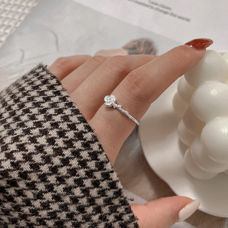 Three Dimensional Rose Opening Ring, Simple Open Style, Ladies' Sweet Flower Ring, Silver High-end Jewelry