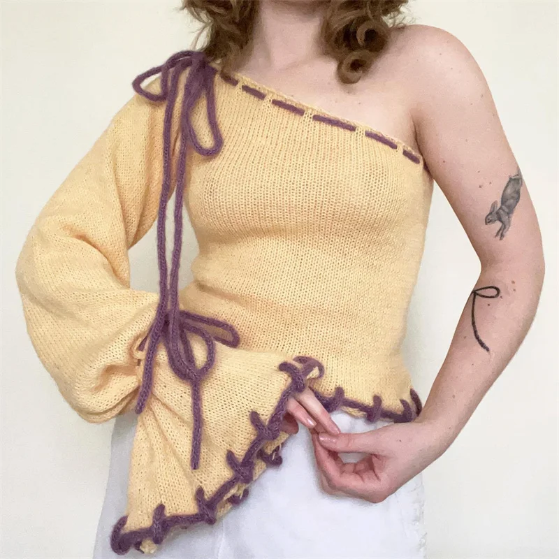 セクシーなワンショルダーロングスリーブボウノットレースアップセーター女性用プルオーバーシアーニットクロップトップ水着ビーチビキニカバーアップ