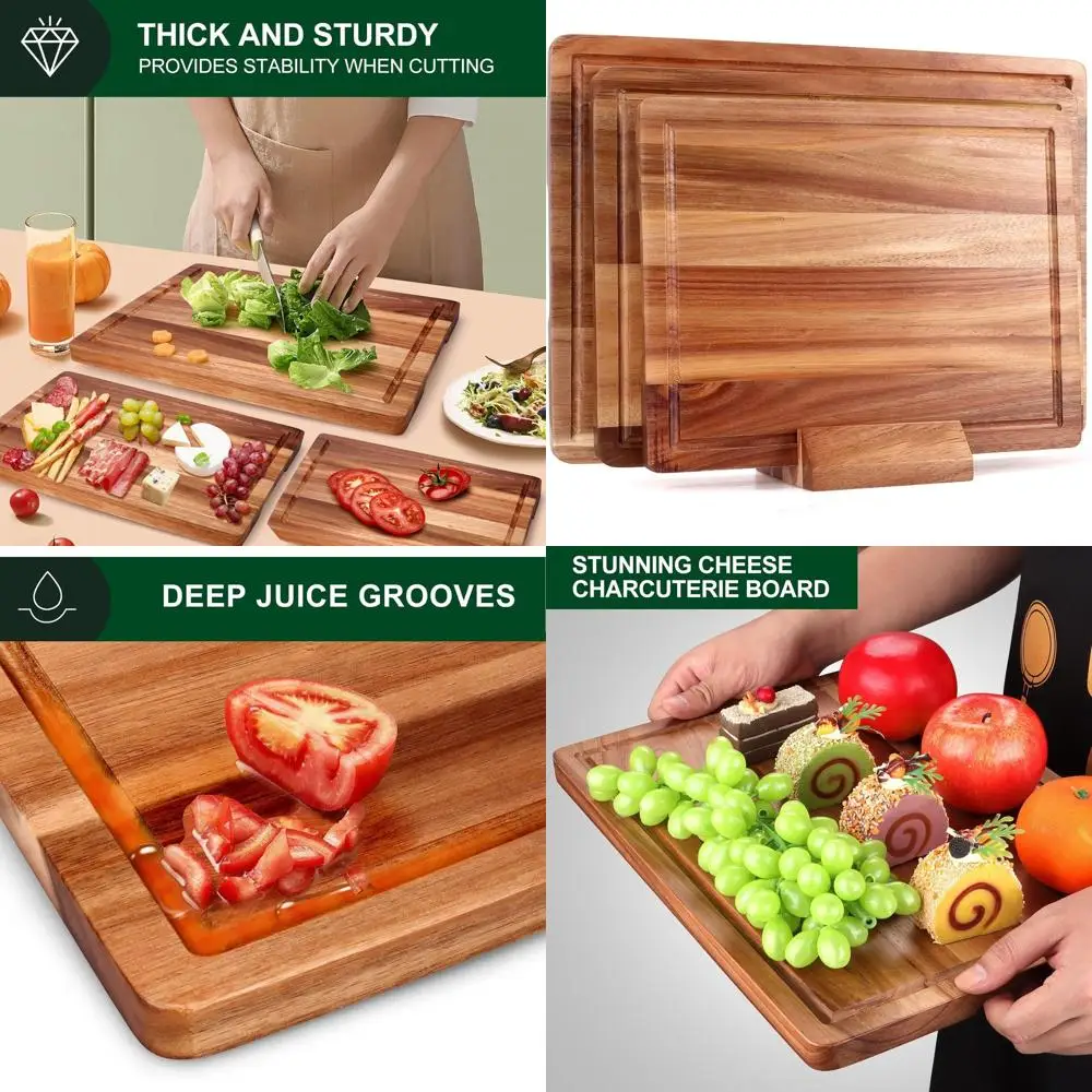 

Тройной набор разделочных досок из дерева акации с держателем для кухни, фруктов, хлеба, сыра, мяса и резьбы