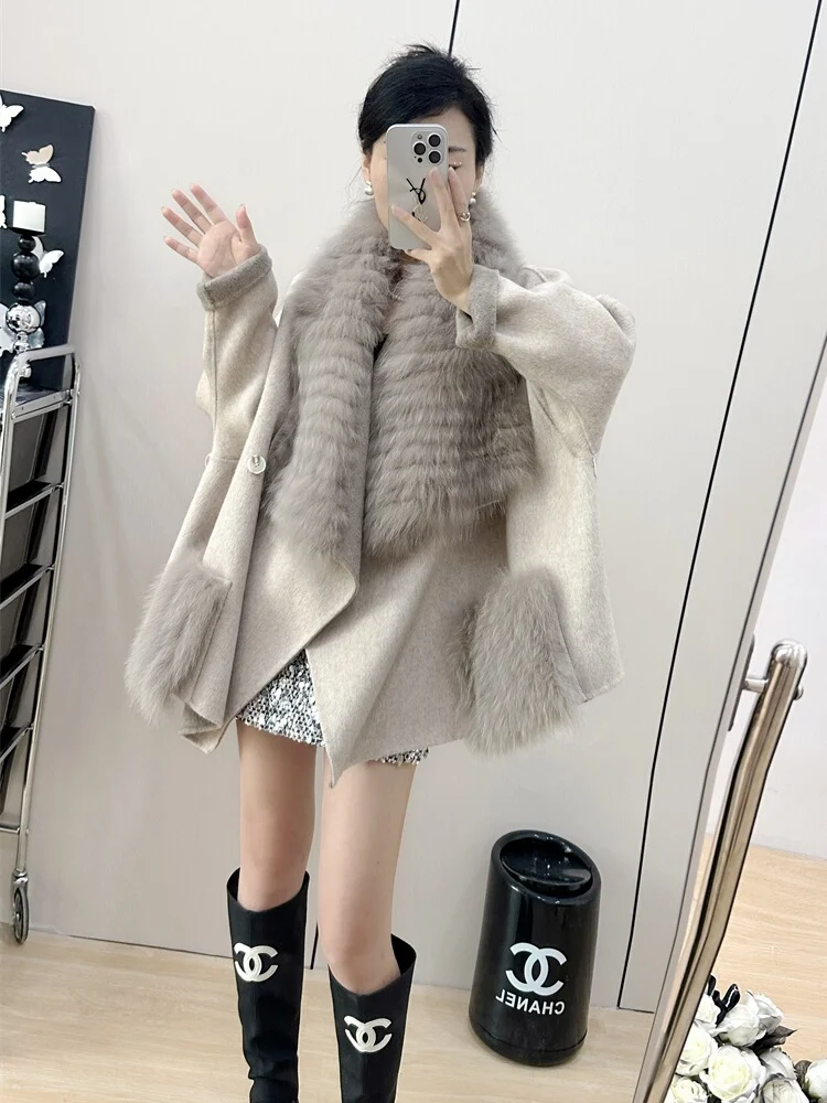 2024 New Winter Natural Real Fox Fur Collar Coat Cashmere Wool Woolen Women Jacket Luxury Outwear Ladies Female Fur Coat